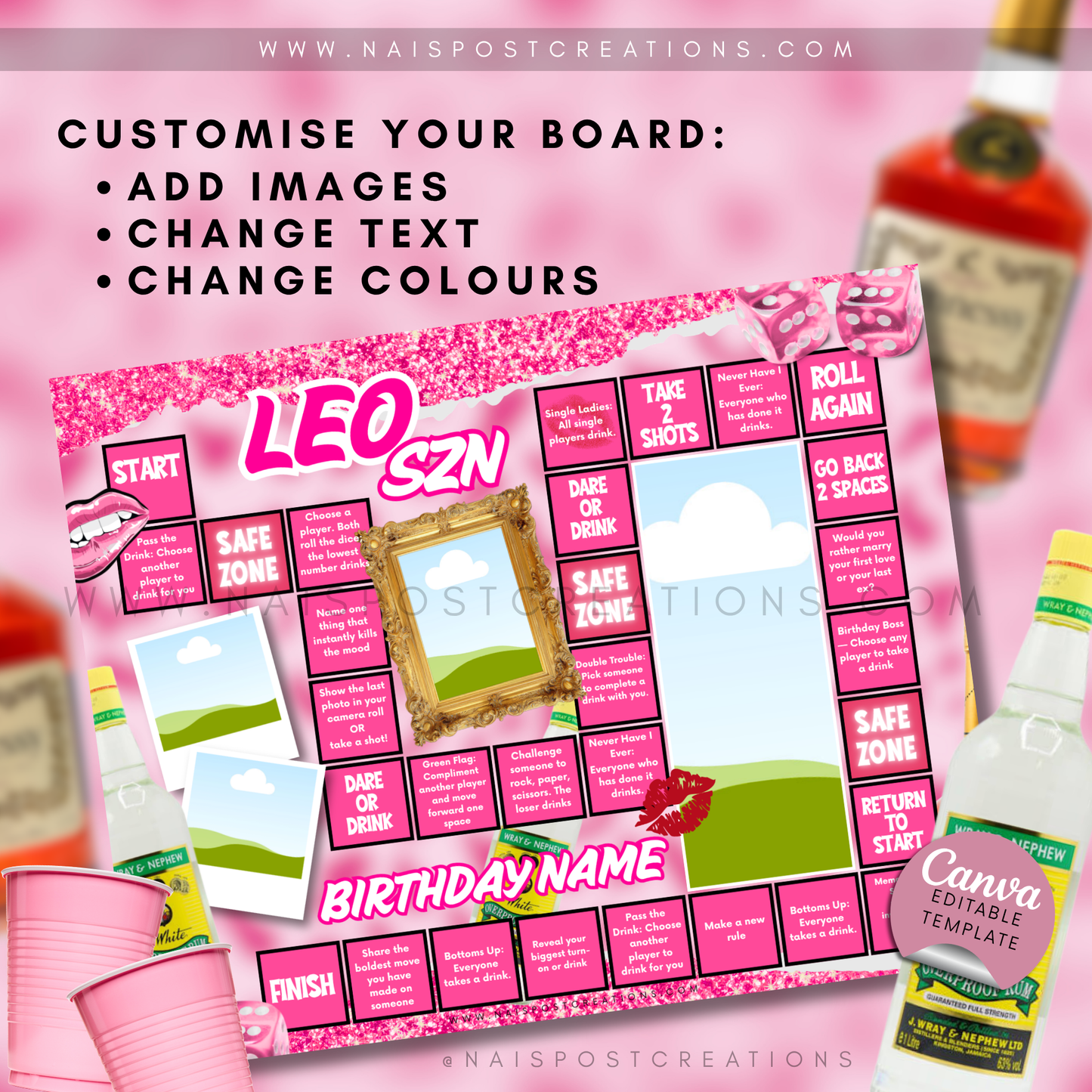 Custom Leo Party Game Board | Editable Canva Drinking Game