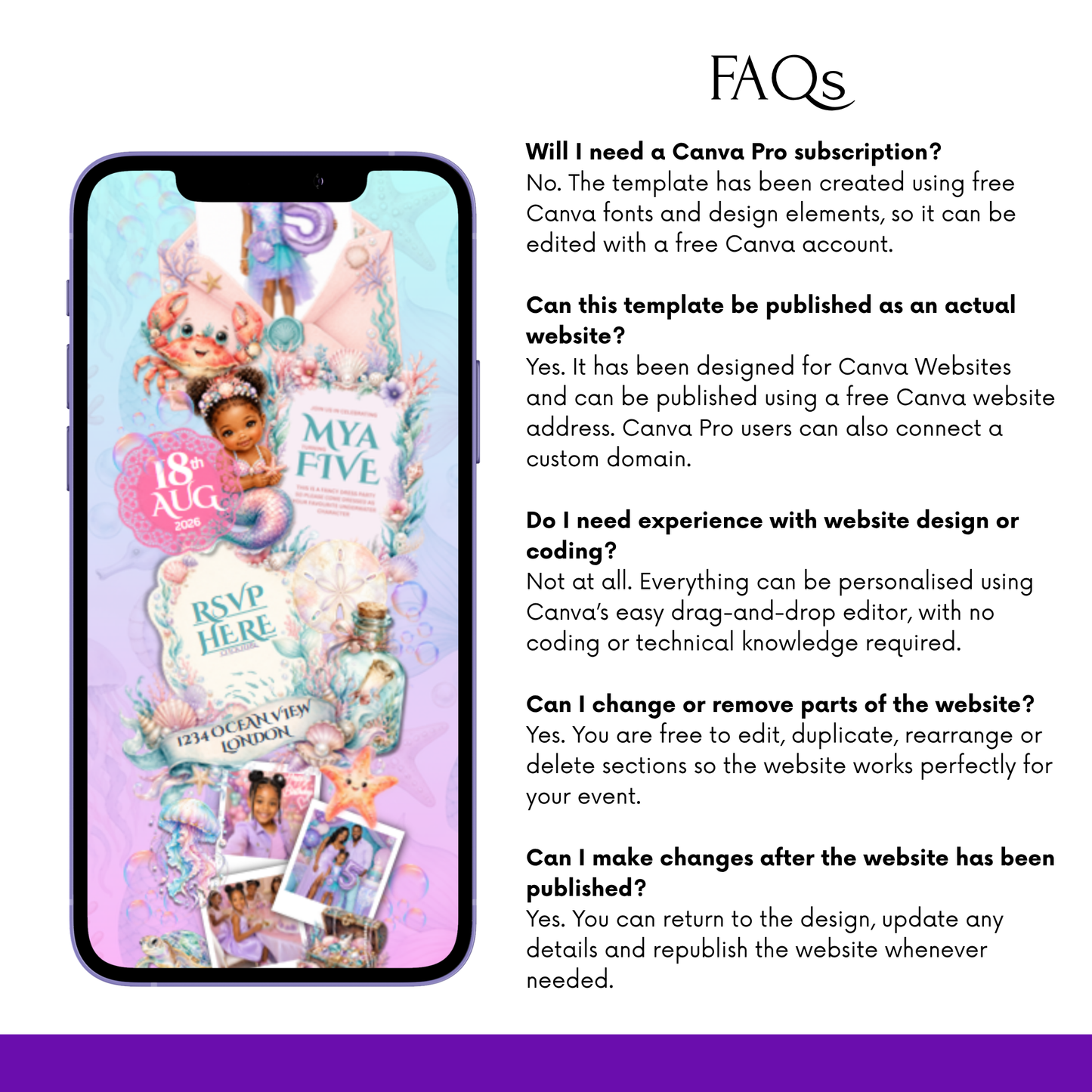 Editable Mermaid Birthday Invitation Website Template | Canva Digital Invite with RSVP | Under the Sea Party Invitation