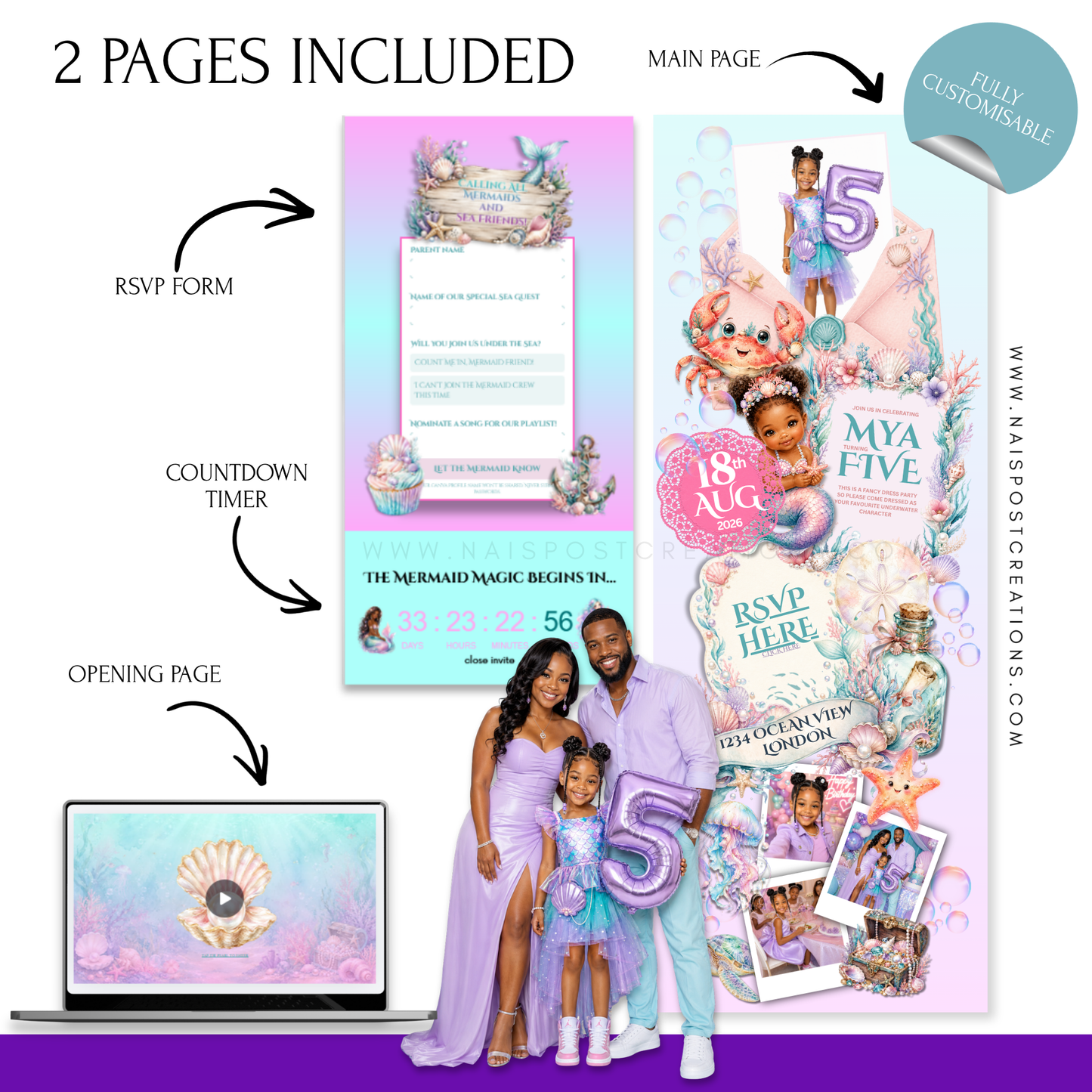 Editable Mermaid Birthday Invitation Website Template | Canva Digital Invite with RSVP | Under the Sea Party Invitation