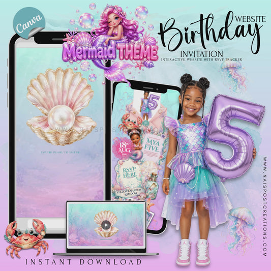 Editable Mermaid Birthday Invitation Website Template | Canva Digital Invite with RSVP | Under the Sea Party Invitation